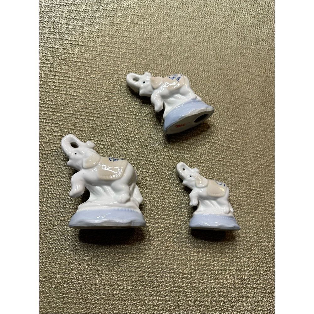 Vintage Bone China 3 Elephants White Blue Figurines Trunk Up